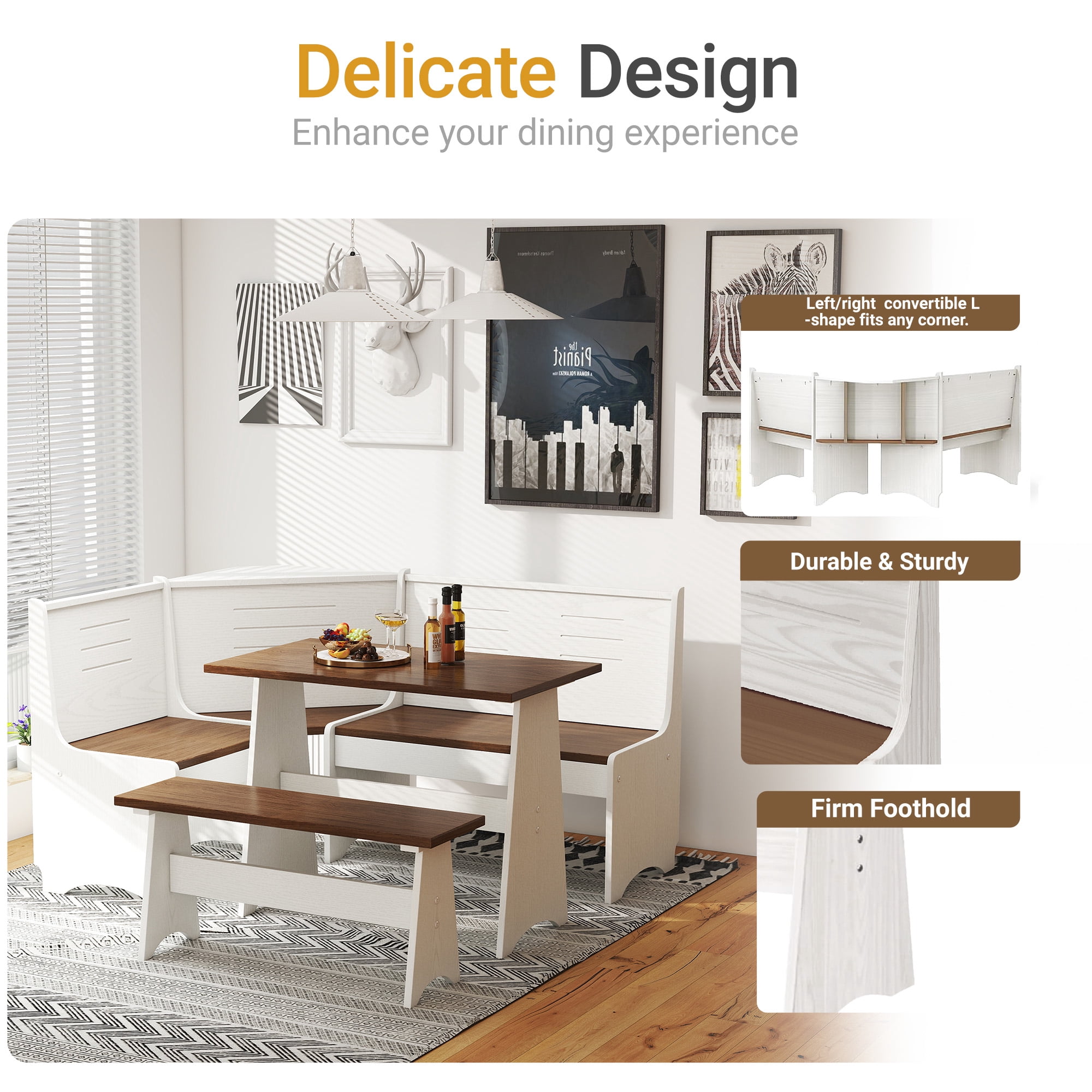 Breakfast Nook Kitchen Corner Dining Table Bench Chair Set, Space-Saving 3-4 Seat L-Shape Farmhouse Mid Century Modern Style for Family Home  Wood Brown White
