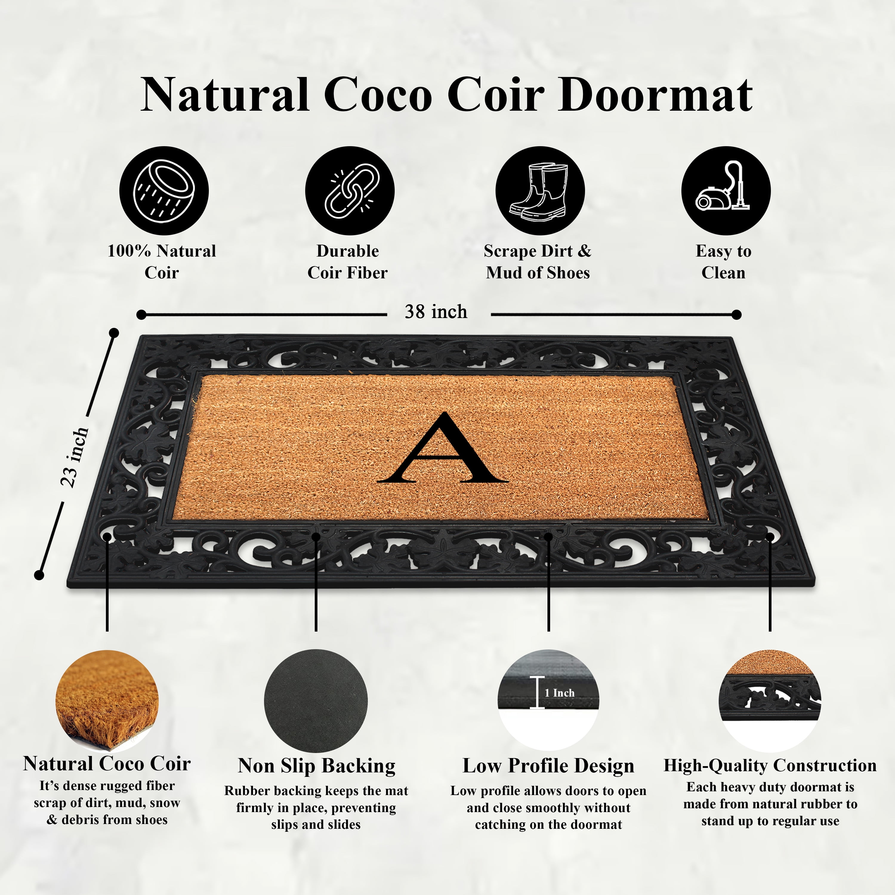 A1 Home Collections Rubber Coir Doormat Outdoor Entrance Floor Entryway Mat, Beige/Black, 23"x 38"