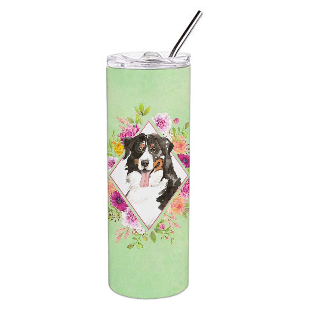 Bernese Mountain Dog Green Flowers Double Walled Stainless Steel 20 oz Skinny Tumbler