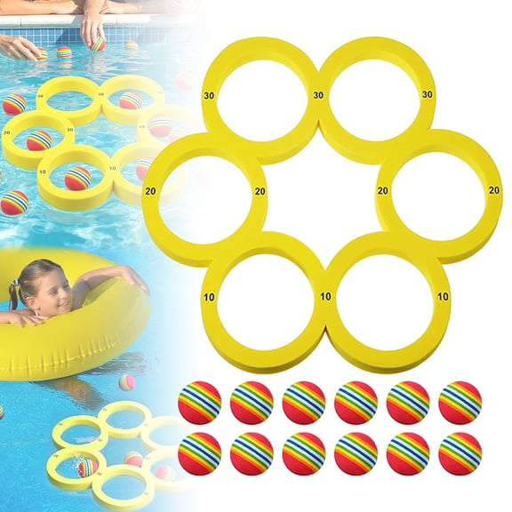 HomelyJoy Floating Pool Toss Game with Score, Yellow Foam Pool Floating Ring with 12 Colorful Tossing Balls, Water Sports Toys for Summer Party, 11.81 x 11.81 in