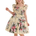 thumbnail image 4 of Girls Smocked Dresses Size 8 Cute Ruffle Sleeve Summer Floral Tiered Dress Aline Casual Beach Vacation Outfits Beige, 9 Years, 4 of 6