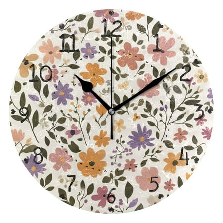 Tiny Pastel Colored Flowers and Leaves Round Wall Clock Silent Analog Battery Operated Black Pointer Home Decor 9.84 Diameter
