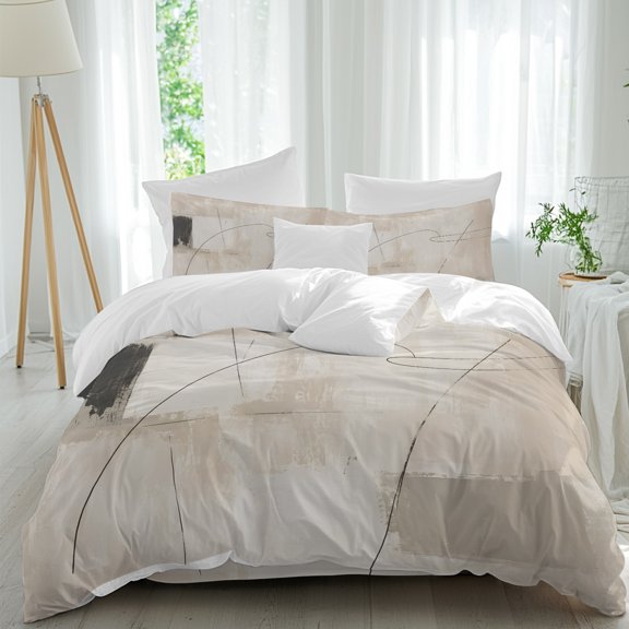 Oil Painting Graffiti Comforter Set Twin Size, Modern Brown Black Abstract Line Texture Soft Bedding Set for Man Woman, 4 Pieces Duvet Cover Set with Fitted Sheet, 2 Pillowcases