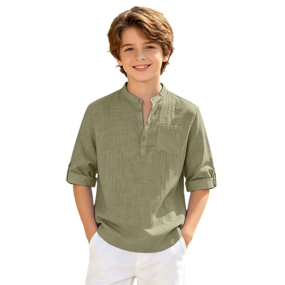 T Shirts for Boys Boys Henley Loose Fit Short Sleeve Shirt Solid Mandarin Collar Lightweight Casual Top Kids Army Green 4 Years-5 Years