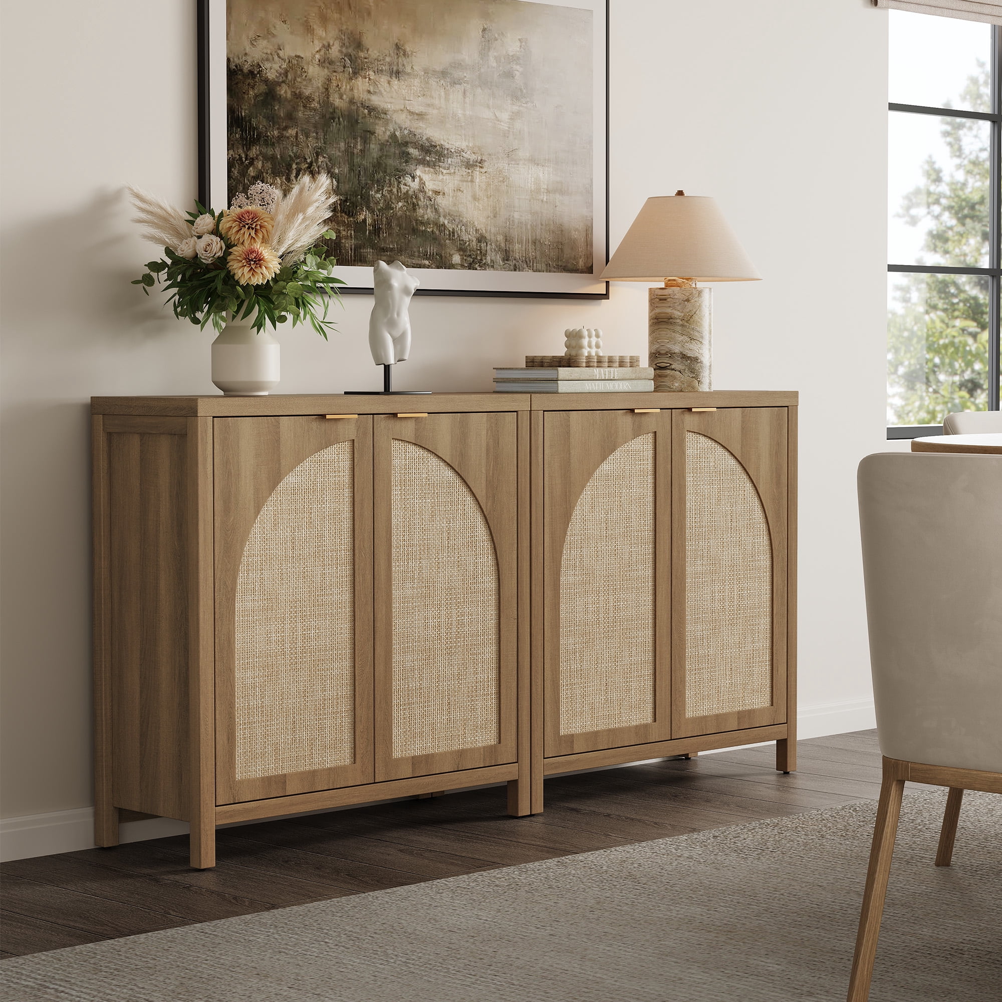 SICOTAS 34.2 Inch Wide Kitchen Pantry Cabinet Set of 3 with 2 Arch Rattan Doors, Adjustable Shelves, for Kitchen Storage, Freestanding Organizer Sideboard in Natural Oak
