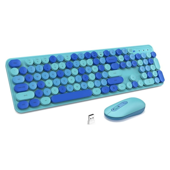 Teetheory Wireless Keyboard and Mouse Combo, Retro Keyboard with Round Keycaps, 2.4GHz Full-Sized Typewriter Keyboard, Cute Wireless Mouse for PC/Laptop/Mac/Windows XP/7/8/10 (Blue-Colorful)