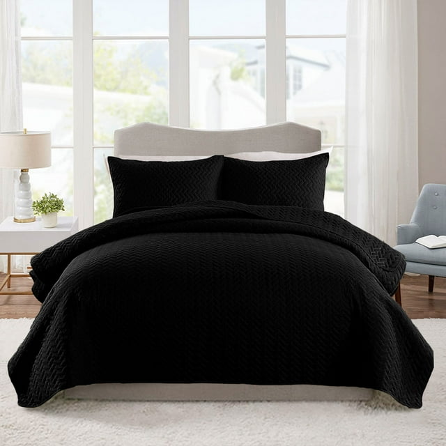 JML Quilt Set 3 Piece Microfiber Coverlet Shams Set, Soft Lightweight, Black Weave, King