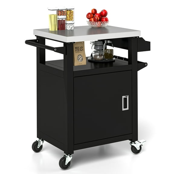 Uforic 25 Inch Outdoor Kitchen Rolling Bar Cart with Storage Cabinet, Stainless Steel Top & Wheels, for Patio Kitchen, Black