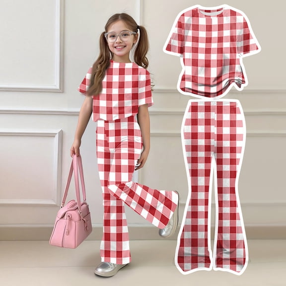 CCRFTGI Summer Outfits for Child Girls 10-12 Cute Y2k Red Plaid 2 Piece Outfits Oversized T Shirts and Flare Pants High Waist Athletic Sets for Girls Red 11-12 Years