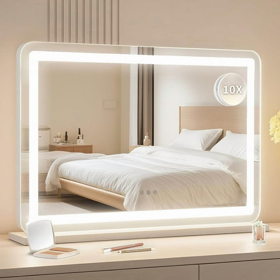 Towallmark 30.15 x 20.19 Inch Lighted Makeup Mirror, LED Vanity Mirror With 3 Color Lighting Modes, 10X Magnification, Smart Touch Control, 2 in 1 Tabletop & Wall Mounted