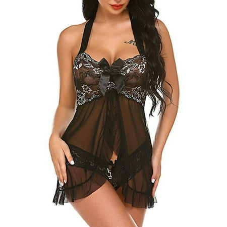 BLTIBY Lingerie Sleepwear for Women Lace Babydoll Halter Teddy Pajamas Nightdress Strap Mesh Chemise Transparent Dress Black XXL