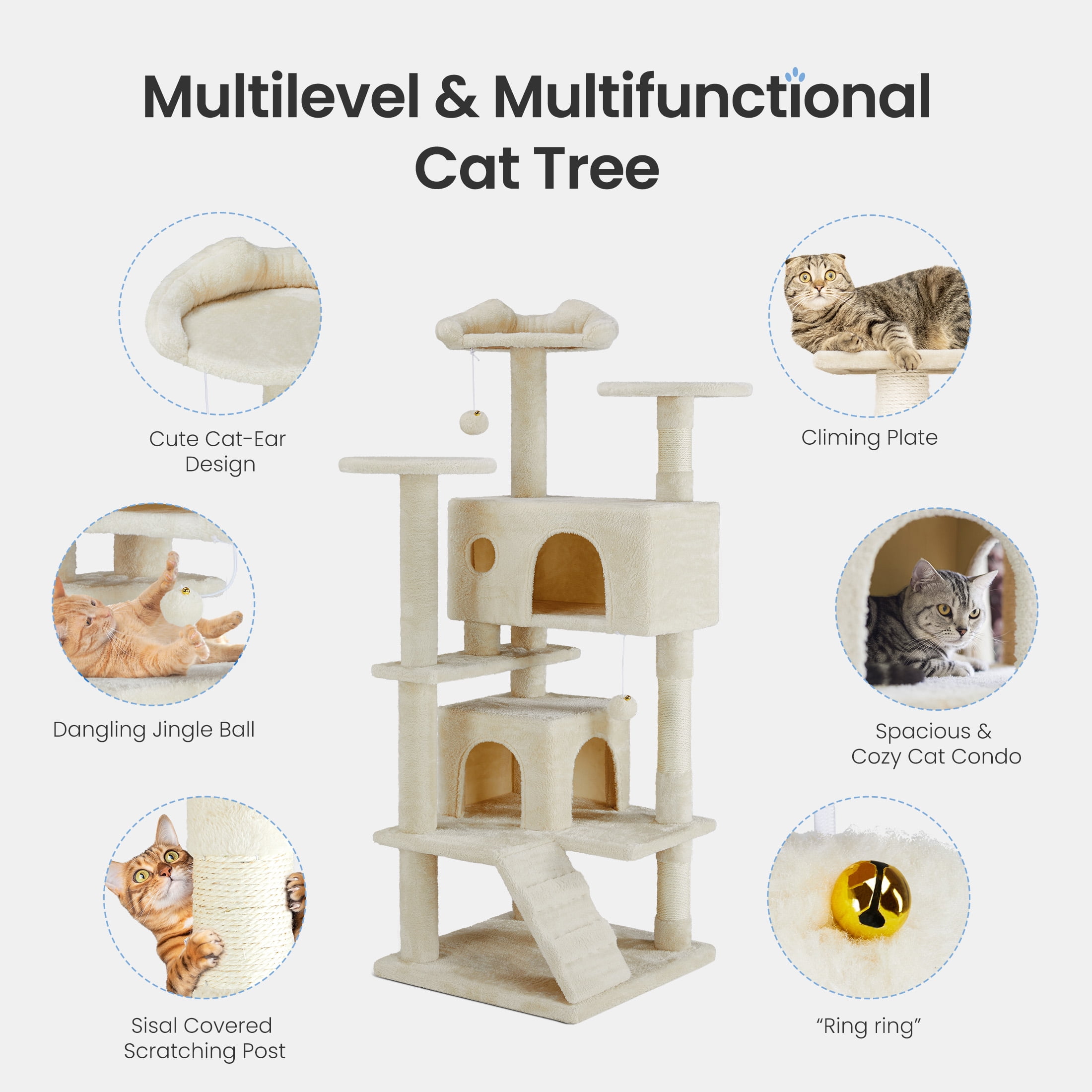 MCQ 54" Compact 4-Tier Cat Tower with Sisal Posts & Wide Top Platform – Space-Saving Tree for Indoor Cats, Cat Condo, Cat Condo, Beige