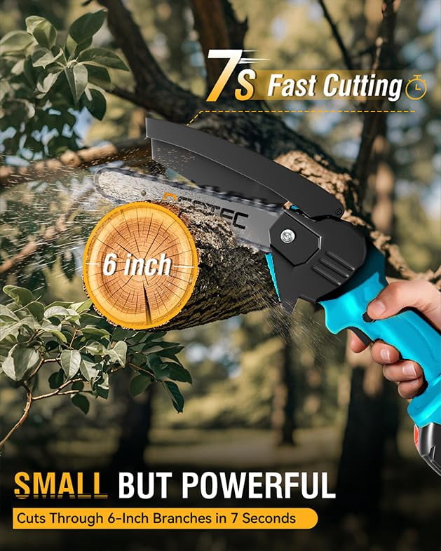 NEOTEC Mini Chainsaw Cordless 6-inch, Handheld Electric Chainsaw 4000mAh Battery Powered with Dual Security Lock, Mini Chain Saw for Tree Trimming Wood Cutting (2 Batteries+3 Chains+2 Bars)