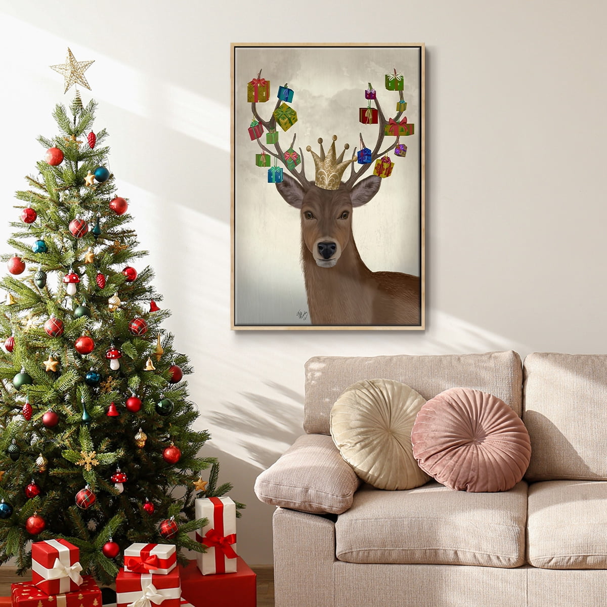 Christmas Gift Bearing Deer - Framed Gallery Wrapped Holiday Canvas - 17 x 25 - Natural Wood Frame