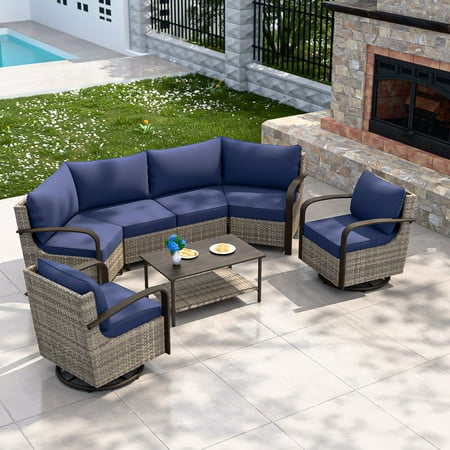 COOS BAY Aurora Terrace 6-Person Brown Wicker Rattan Patio Conversation Set Sectional Seating Group Metal Curved Armrest Swivel Rocking Chairs Coffee Tables Blue