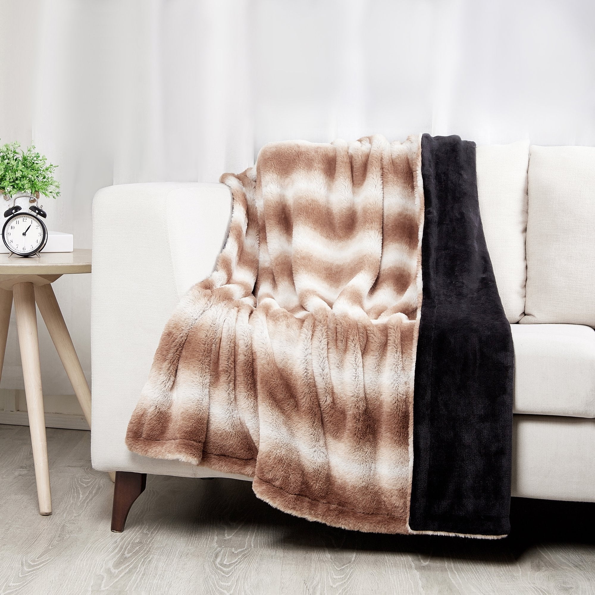 SoftLux Ombre Brown and White Striped Velvet Plush Fleece Throw Blanket, 50" x 60", Adults and Teens