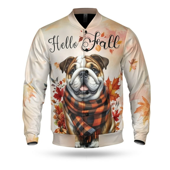 Hello Fall Bulldog Scarf Welcome Autumn with Leaves Pumpkins All Over Print 3D Baseball Jacket Dog Lover Gifts Idea Bomber Jacket Softball - 00011