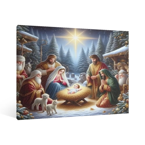 Vintage Jesus Nativity Scene Canvas Wall Art Paint Framed , Christian Watercolor Jesus Wall Art Decor,Christmas Wall Religious Artwork for Home Living Room,Bedroom Wall Decor