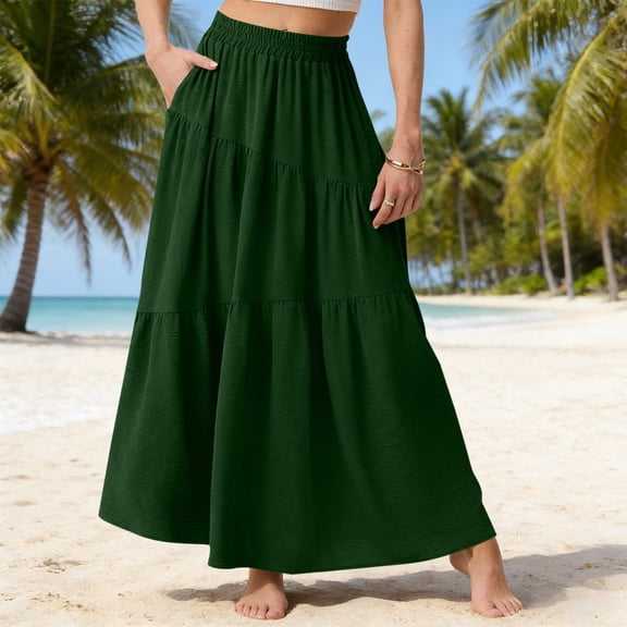 BRGZLK Flowy Skirts for Women Summer Casual Solid Color Lightweight Breathable Tulle Maxi Long Skirt with Pockets,High Waist Flowy Skirt Green XL