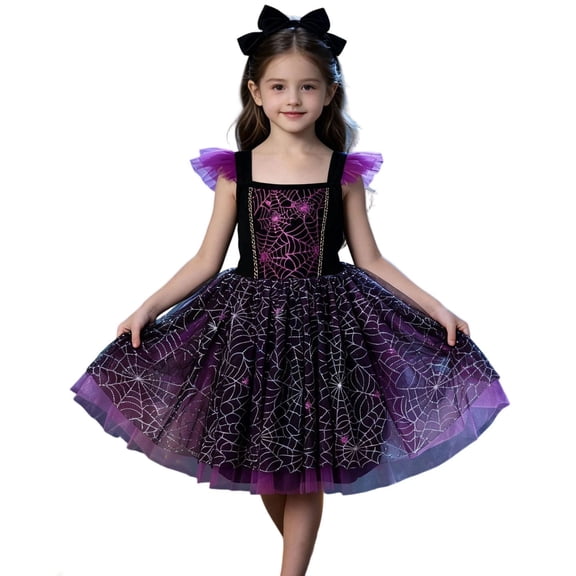 FYDUU Toddler Girl Halloween Dress Black and Purple Witch Tutu Dress Little Girls Fly Sleeves Mesh Tulle Princess Dresses Birthday Party Wear 2-3 Years