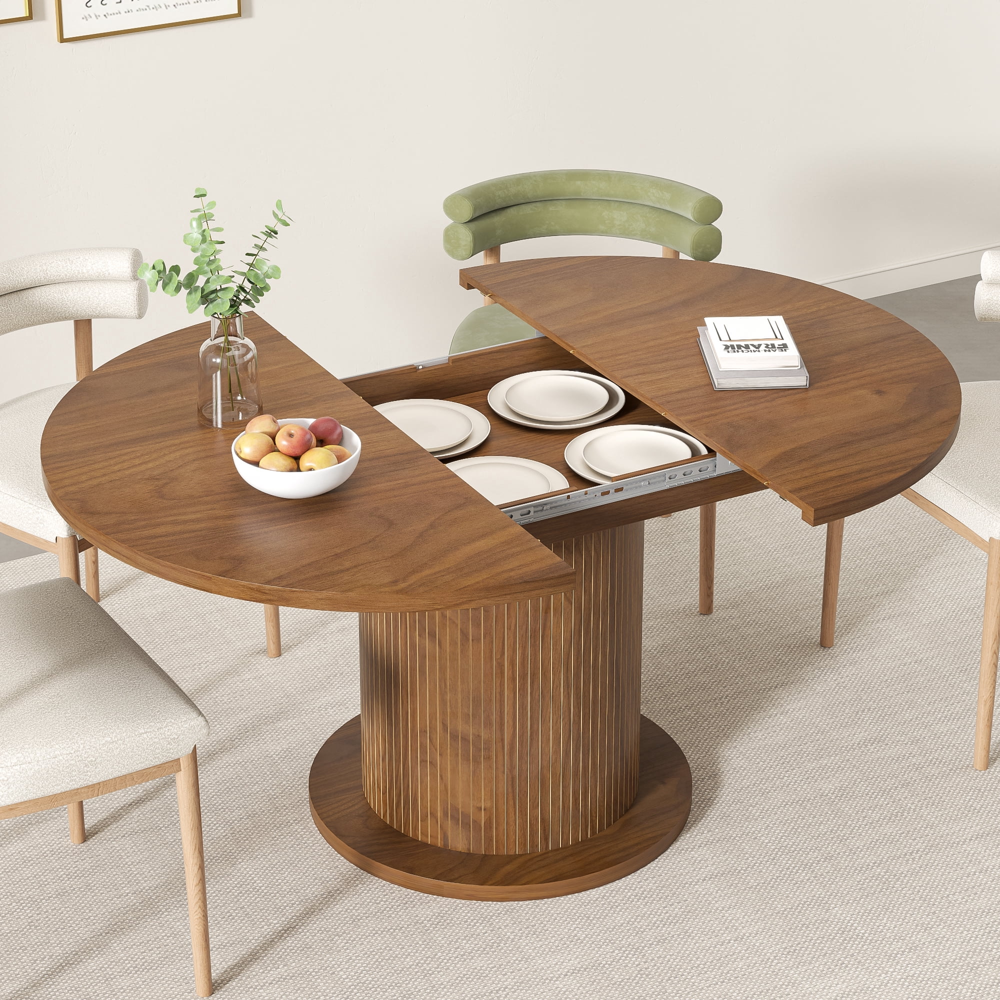 Round Dining Table for 4-6 People, 43.3“-59“Extendable Round Kitchen Dining Table with Pedestal Base, Walnut