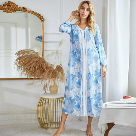 

Pretty Comy Spring Ladies Printed Nightdress Long Sleeve Pajamas Casual Homewear Blue Night Sky Print S