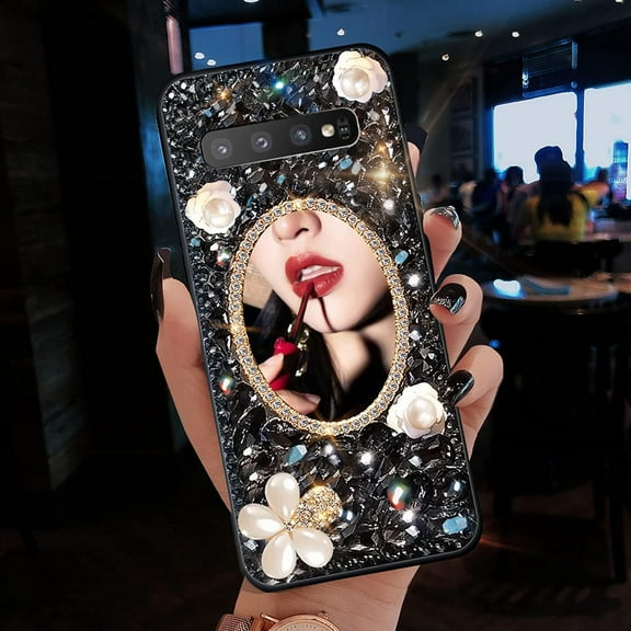Samsung Galaxy S10 Plus Bling Case Mirror, Inlaid Bling Black Gemstone Makeup Mirror, Shiny Luxury Sun Flower Diamond for Women Girl(Black)