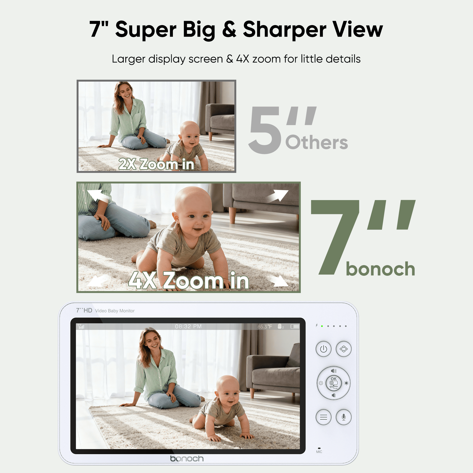 Bonoch 7" 720P HD Baby Monitor with Camera and Audio, Upgraded MegaView, No WiFi, Hack Proof, 6000mAh Battery, Remote PTZ, VOX Mode, Night Vision, White Noise, Ideal Gift for New Parents