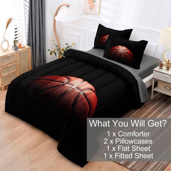 Teenage Boy Basketball Bedding Set Full Size 5 Pieces Plush Microfiber Comforter with Deep Pocket Sheets for Boys Room Decor