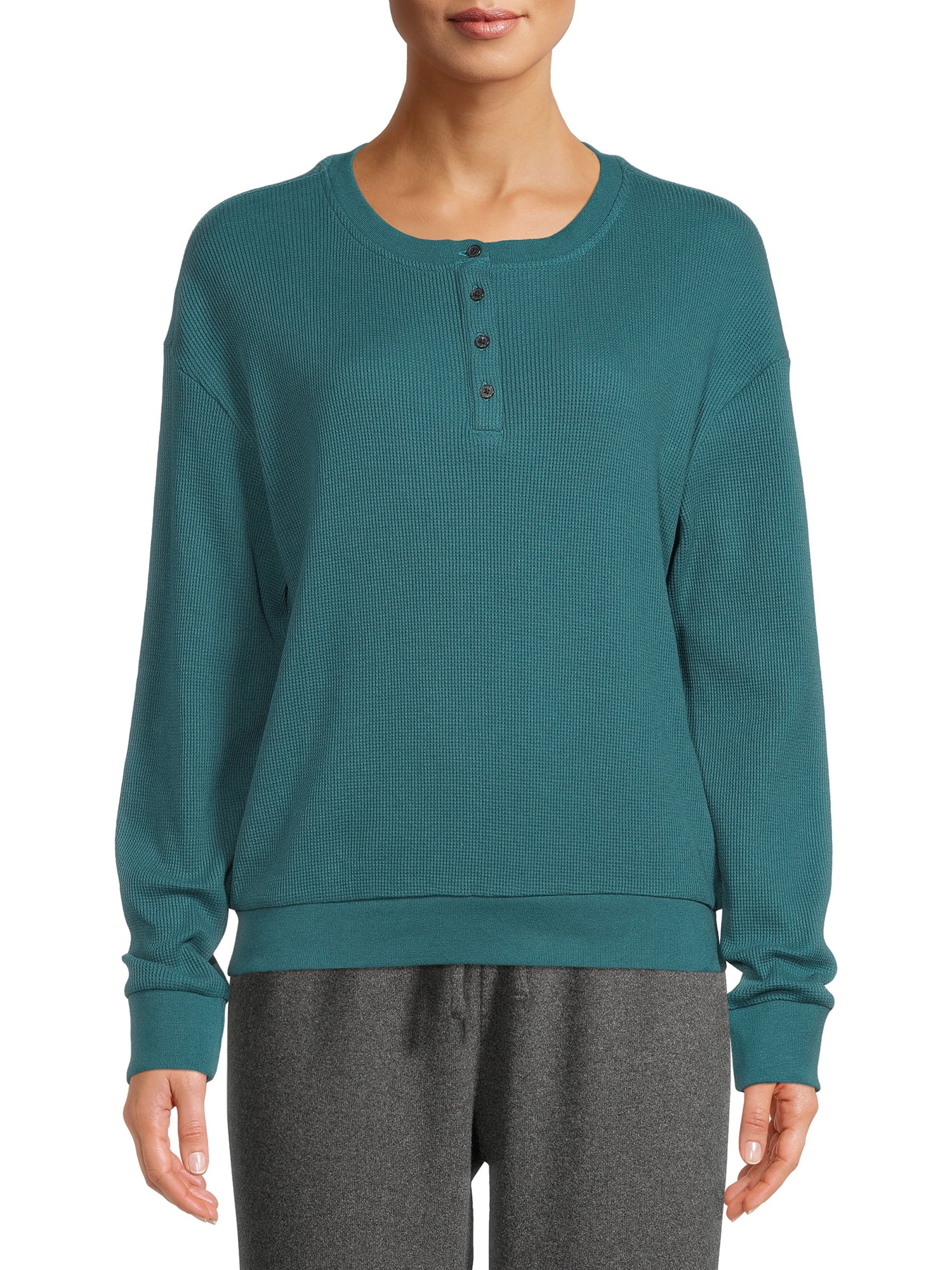 Time and Tru Women's Waffle Henley Top with Long Sleeves