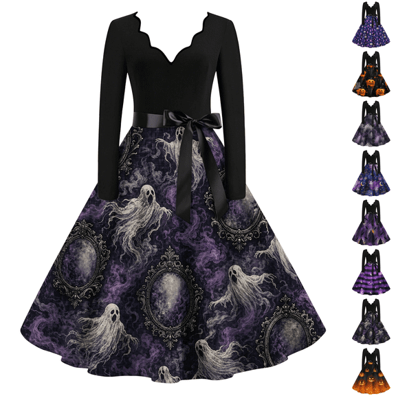 Womens Halloween Dress Pumpkin Costume Dresses Vintage Bat Print Dress A Line Dress Halloween Themed Plus Size Clothes Black L