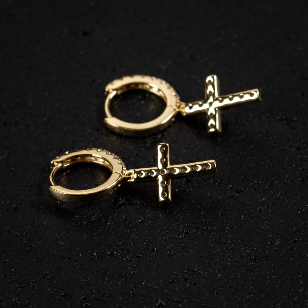 Men's Yellow Gold 925 Sterling Silver Iced Cz Dangle Hanging Cross Hoop Earrings