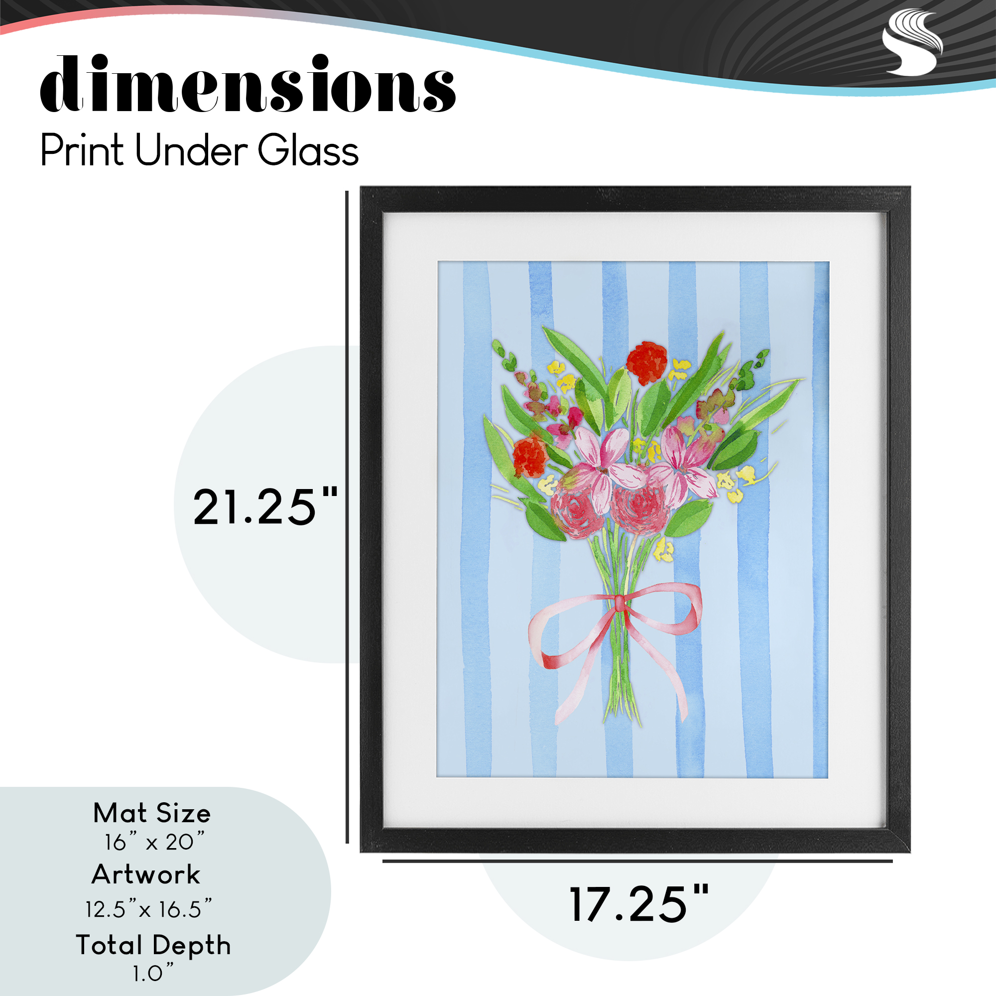 Blue and Pink Bouquet & Bow Black Framed Print Under Glass, design by Nina Jacobs