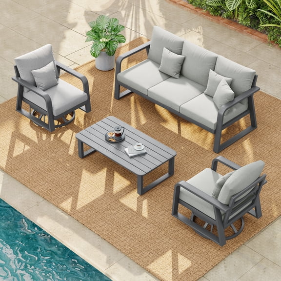 DTTRA 4-Piece Aluminum Patio Furniture Set, 3-Seat Sofa & 2 Swivel Rockers, Dark Grey