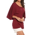 thumbnail image 2 of Camiseta de mujer con volantes, cuello redondo, manga corta, blusa informal, top, rojo vino, L Methold AP001341-08, 2 of 7