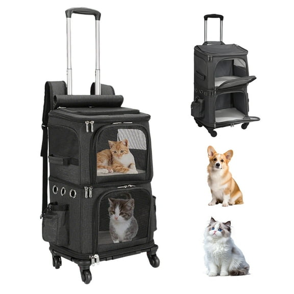 MINGYI Double-Compartment Pet Carrier with Wheels,Dog Backpack Carrier for 2 Small Dogs and Cats,Cat Rolling Carrier for Traveling/Taking a Walk/Trips to The Vet(Black)