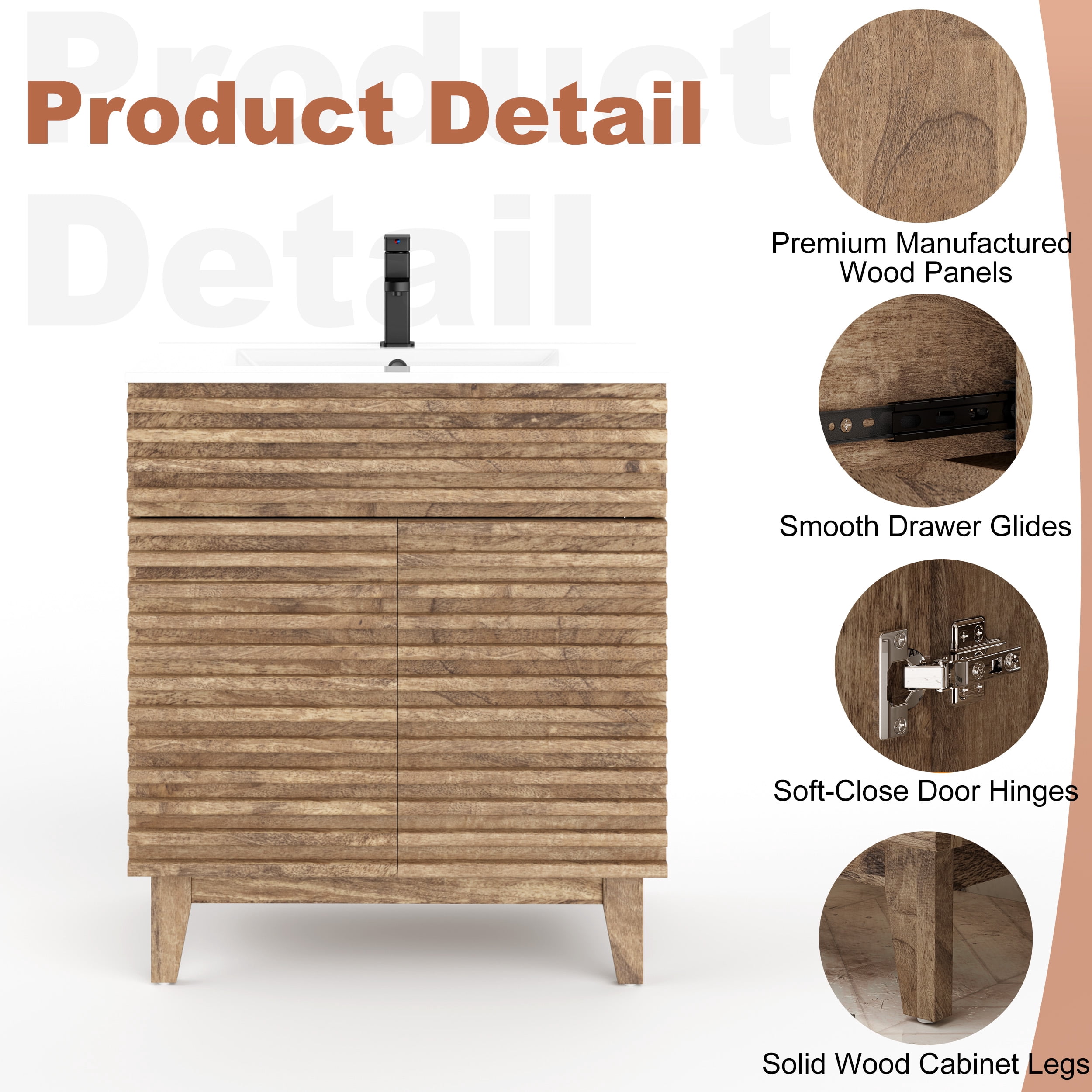 Eclife 30 inch Freestanding Bathroom Vanity with Integrated Sink Top, Faucet, Wood Tune