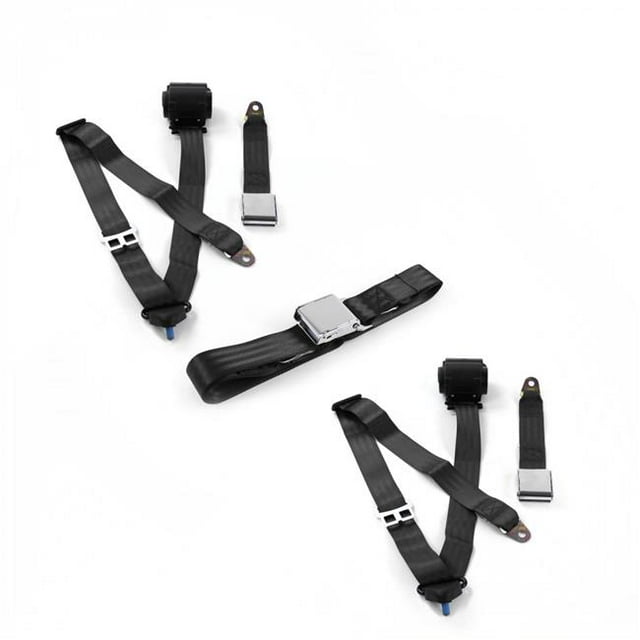Black Retractable Bench Seat Belt Kit for 1968-1972 Chevy Chevelle Airplane 3 Point - 3 Belts