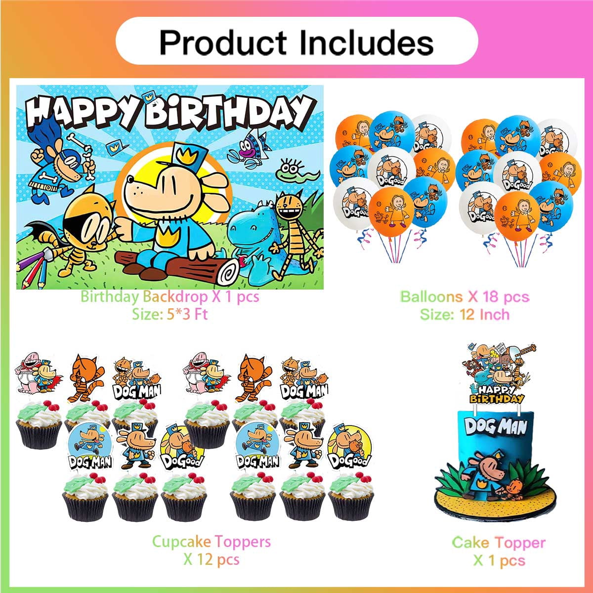 Dog Man Birthday Party Supplies for Boy Latex Balloons Kit Decorations Set Decor Banner Backdrop
