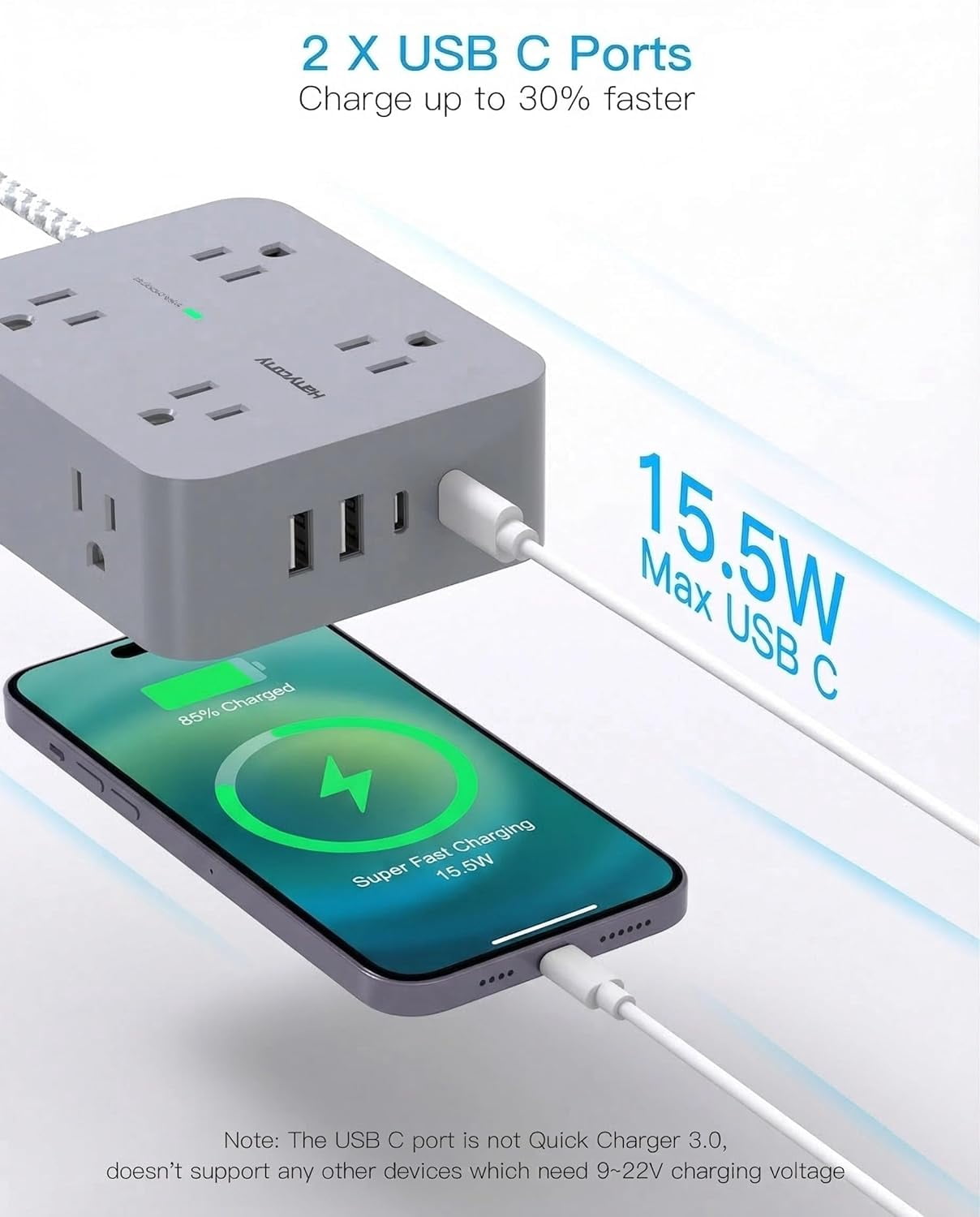 10 Ft Surge Protector Power Strip, Extension Cord with 8 AC Outlets 4 USB (2 USB C) Ports, Flat Plug, Wall Mount Desk USB Charging Station for Home