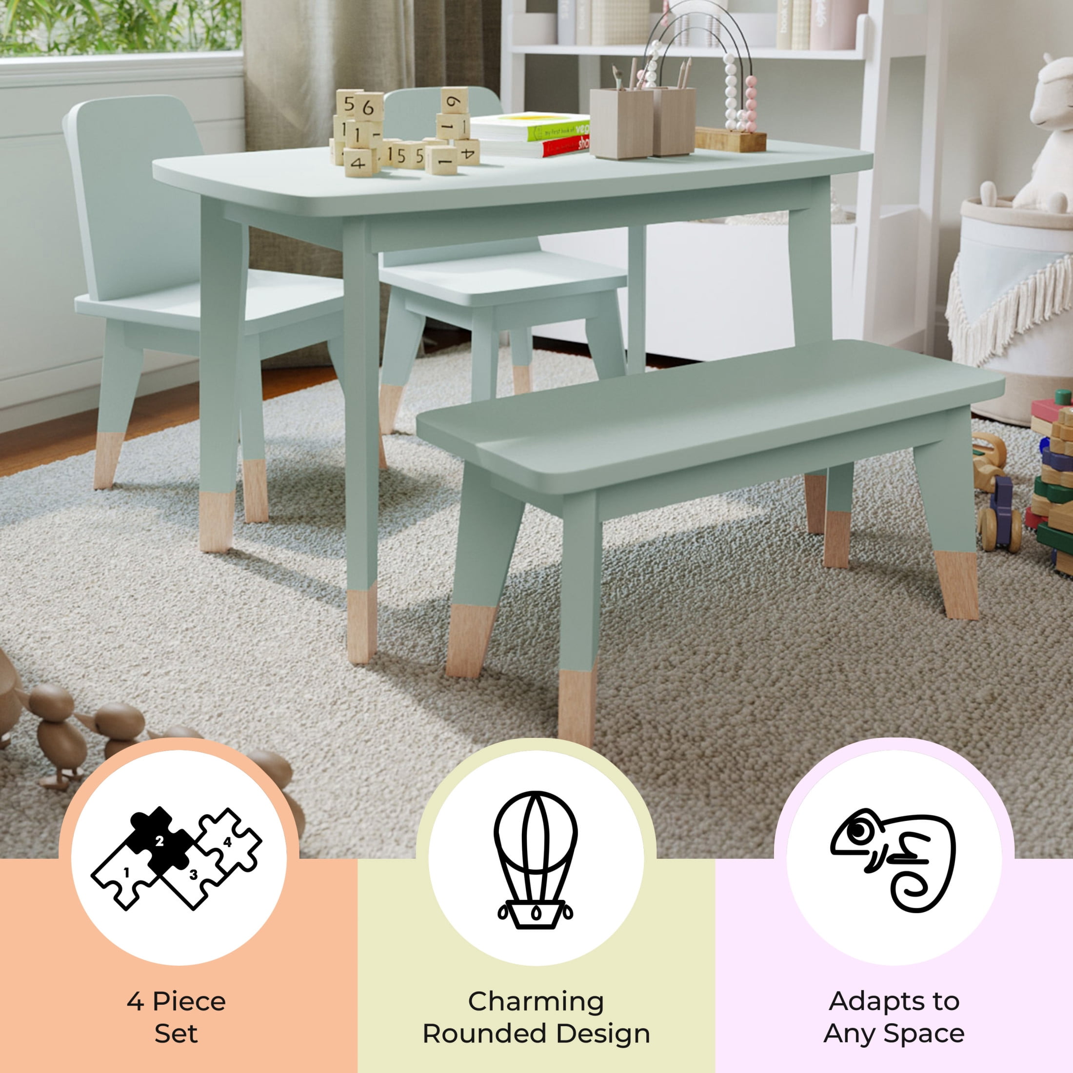 Buzz & Bloom Kids 4-Piece Wood Table, 2 Chairs, and Bench Seating Set with Rounded Corners, Sage/Natural