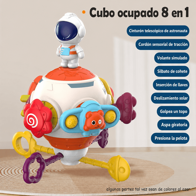 Cubo Ocupado 8 en 1 de Cohete Espacial, Juguete Sensorial Montessori, Panel de Actividades Interactivo, Regalo para Bebés 6+ Meses