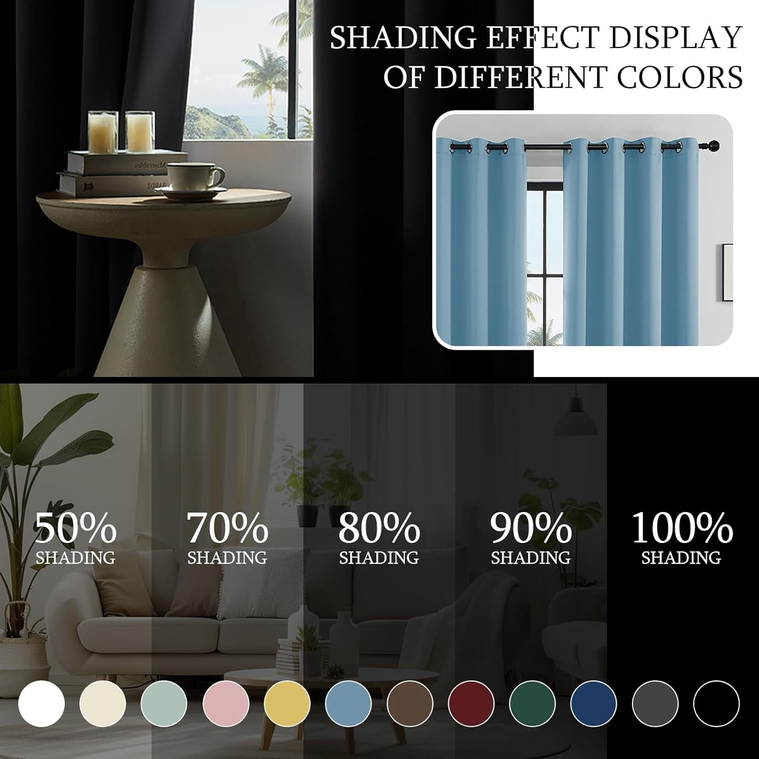 SpaceMuse Modern Blackout Curtains 52 X 96 inch, 2 Panels 90% Blackout Blue Tie Top Single Indoor Curtain Panel Thermal Insulated Light Blocking Drapes