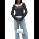 thumbnail image 3 of Camisetas de Larga con Cuello Redondo para Mujer, Informales, de Dos Piezas, Ajustadas, de Punto Acanalado, para Verano y Otoño. Gris Oscuro L, 3 of 8