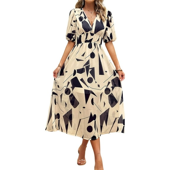 Womens Summer Dresses 2025 Casual Puff Short Sleeve V Neck Floral Boho Maxi Dress  M