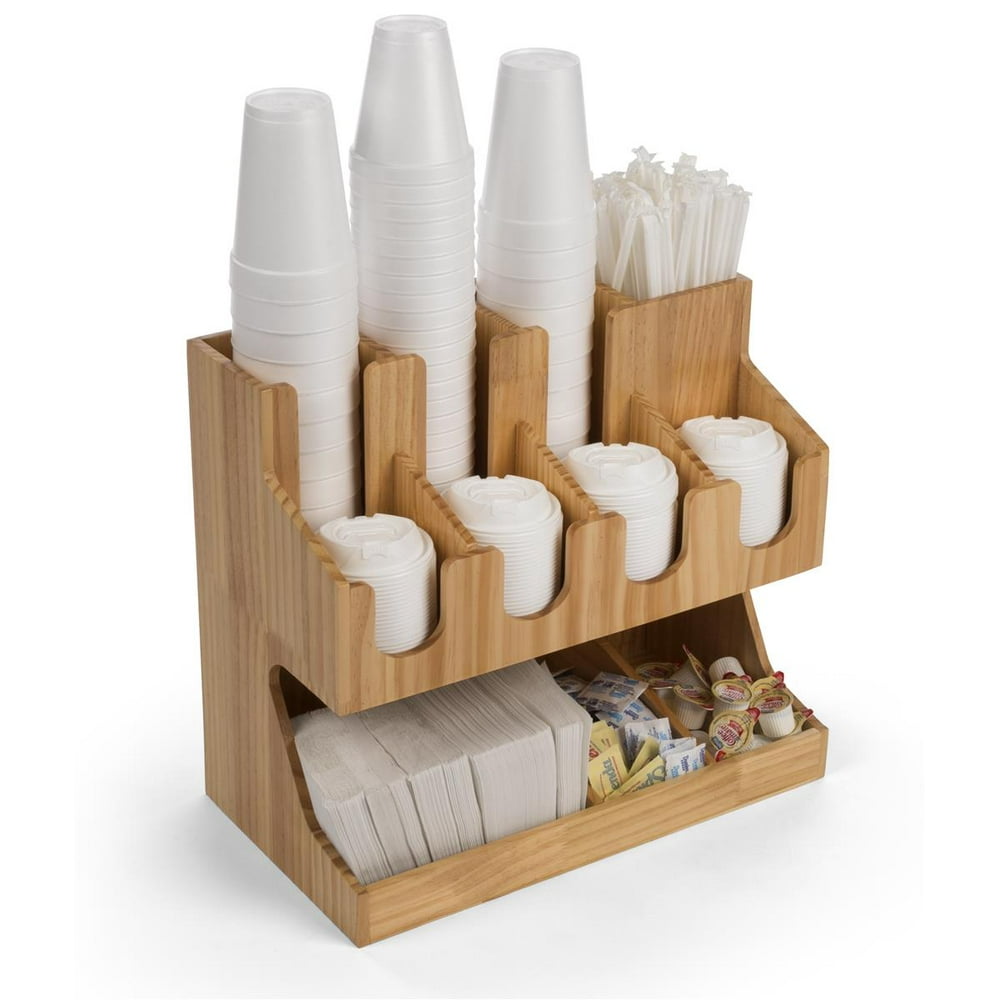 Displays2go Café Coffee Supply Station, 11 Compartments Pine (FSWDCOT11)