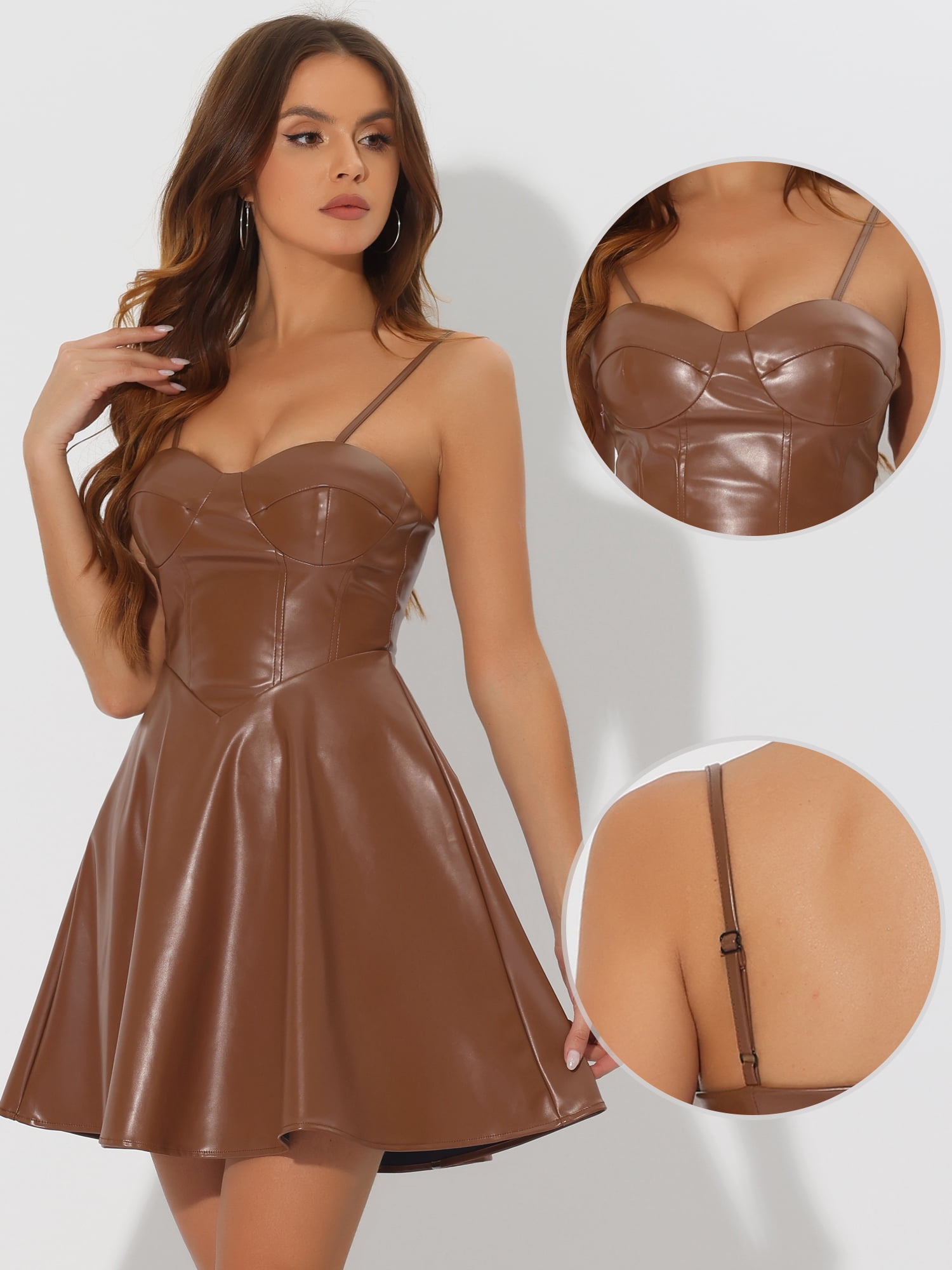 Unique Bargains Women's PU Spaghetti Strap Sweetheart Neckline A-line Dress S Brown
