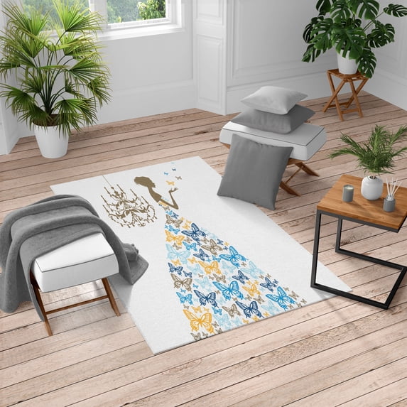 Vintage Turkish Area Rug, Love Country Wedding Themed Romantic Butterflies Cartoon Retro Parisienne, Soft Carpet for Living Room Decor with Distressed Look, 5.2' X 7.6', Pale Blue, by Ambesonne