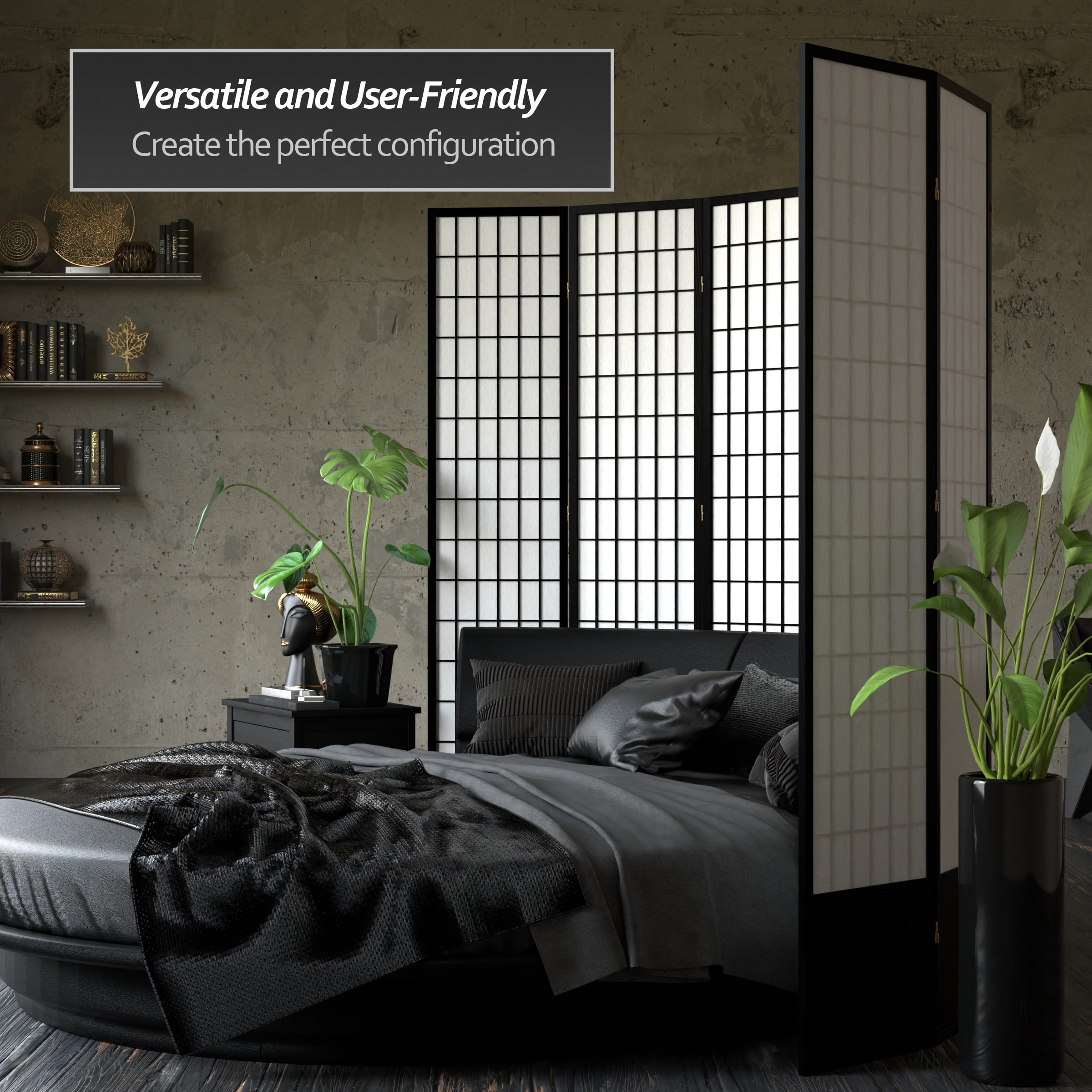 Red Lantern 7 ft. Tall Window Pane Shoji Screen - Black - 4 Panels