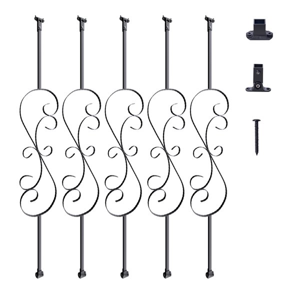 VEVOR Staircase Metal Balusters, 44'' x 1/2" Galvanized Steel Decorative Banister Spindles, 5 Pack S Shape Deck Baluster, Hollow Satin Black Spiral Stair Railing with Shoes & Screws